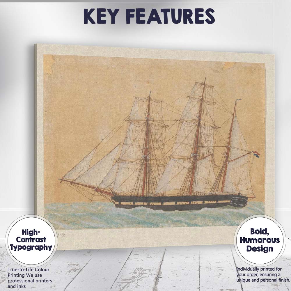 Detailed Dutch Clipper Ship Marine Watercolour Artwork Canvas Wall Art Print Decor Picture Ready to Hang