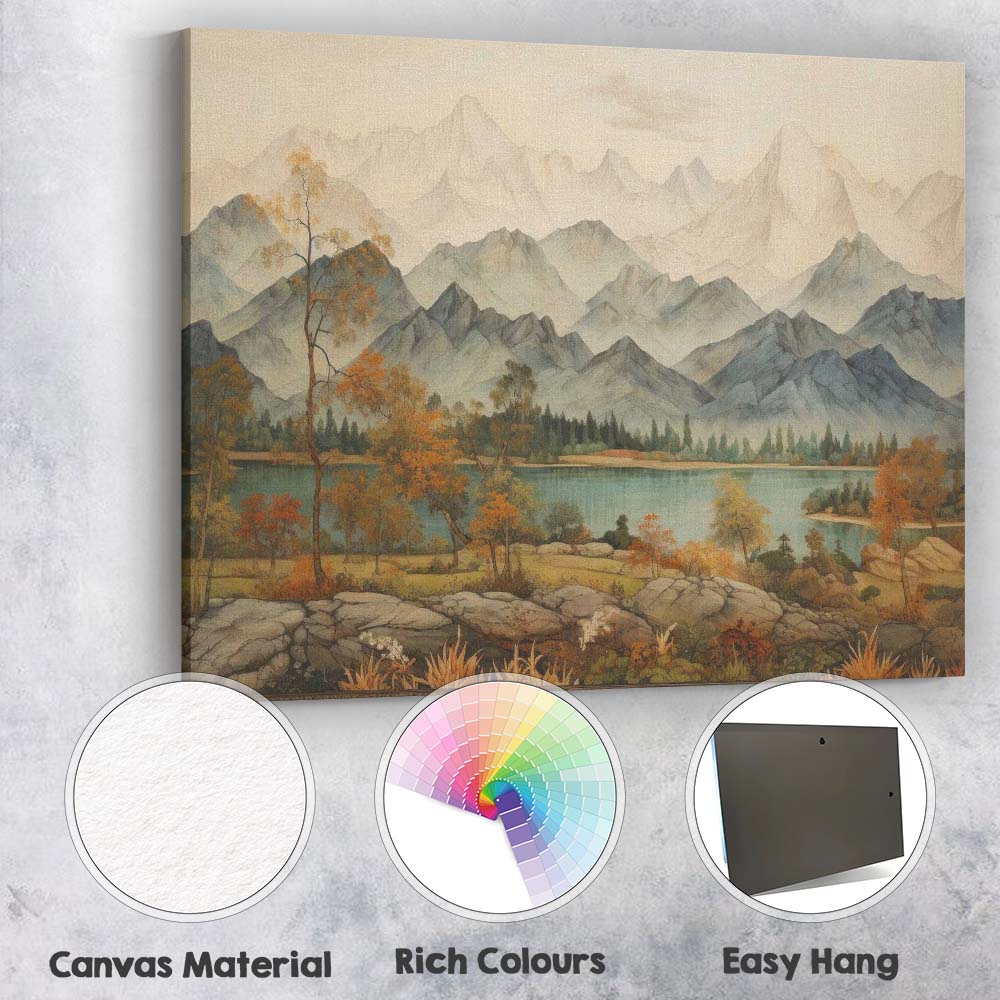 Serene Mountain Lake Autumn Woodland Scenic Landscape Canvas Wall Art Print Decor Picture Ready to Hang