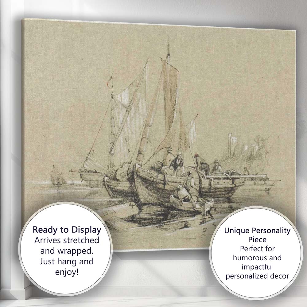 Traditional Fishing Boats Harbour Sketch Maritime Artwork Canvas Wall Art Print Decor Picture Ready to Hang