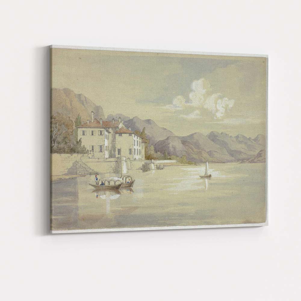 Elegant Lakeside Villa Mountain View Watercolour Landscape Canvas Wall Art Print Decor Picture Ready to Hang