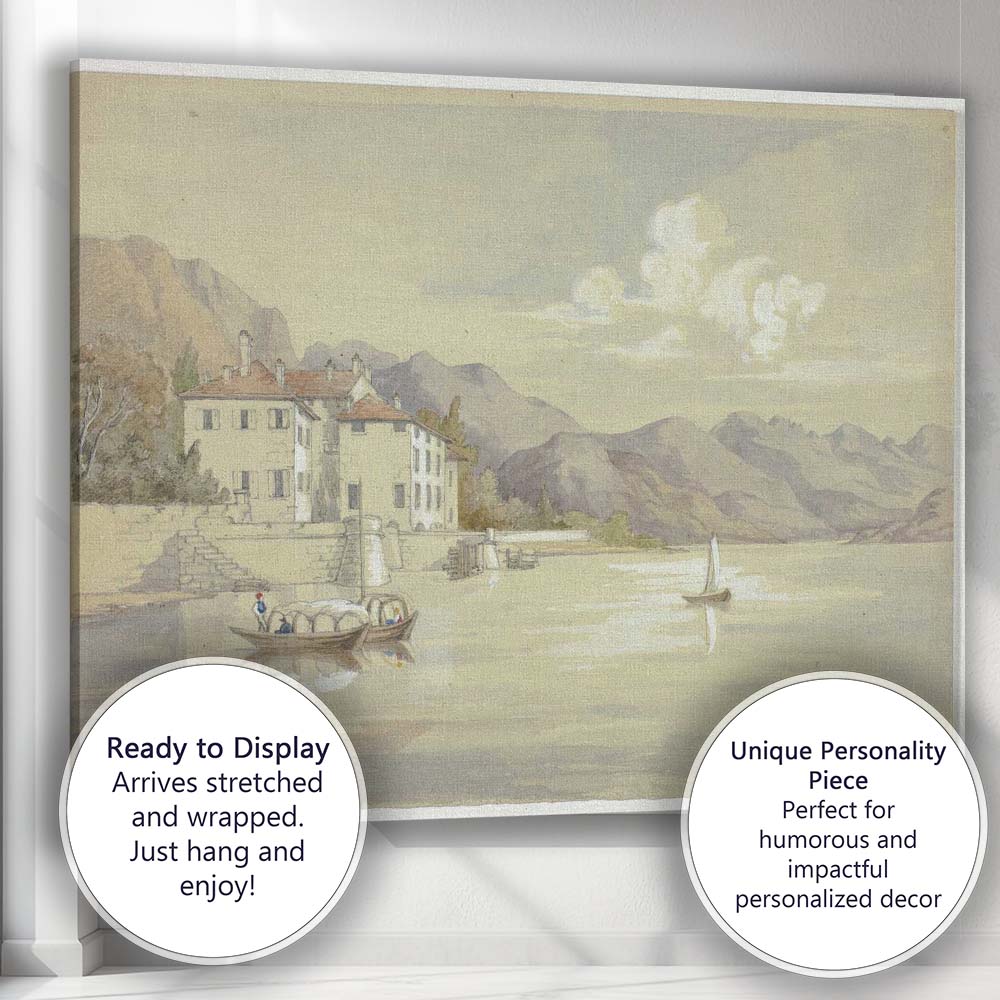 Elegant Lakeside Villa Mountain View Watercolour Landscape Canvas Wall Art Print Decor Picture Ready to Hang