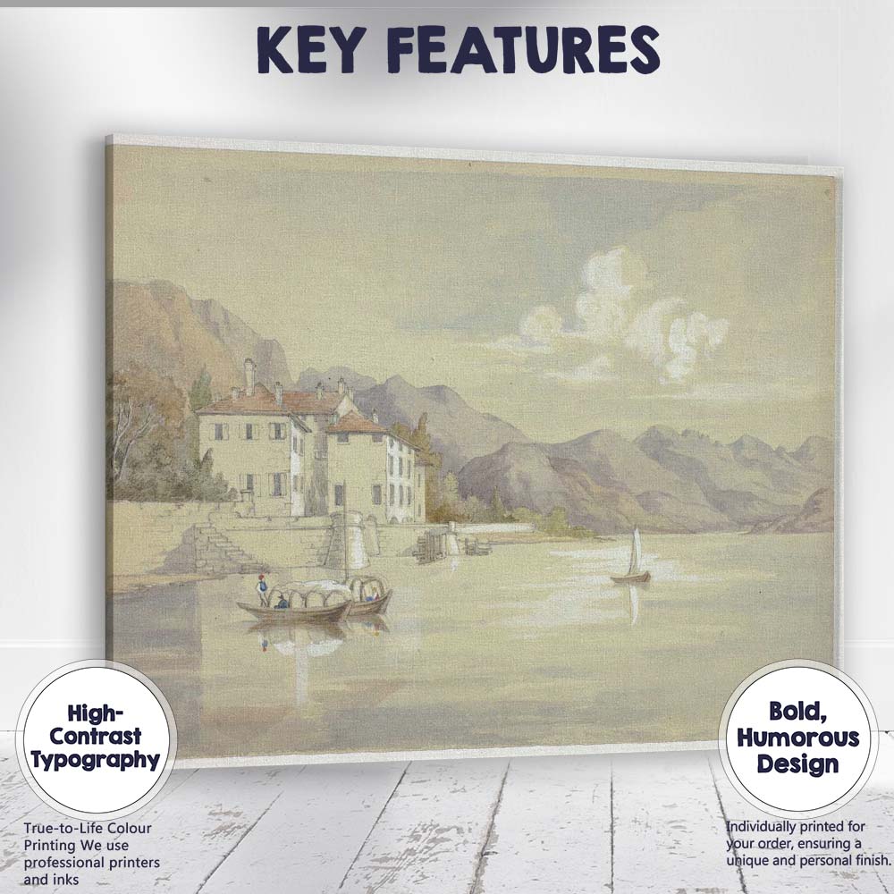 Elegant Lakeside Villa Mountain View Watercolour Landscape Canvas Wall Art Print Decor Picture Ready to Hang