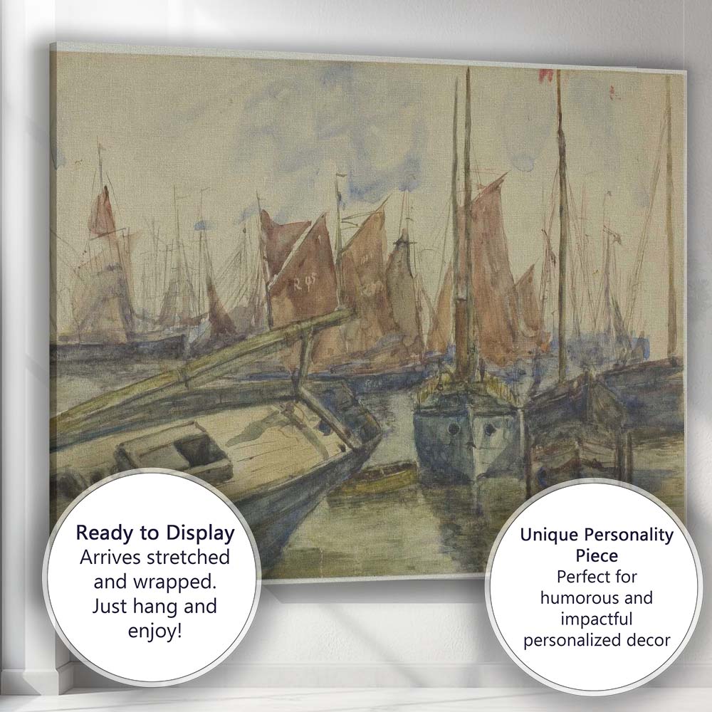 Busy Marina Red Sailed Fishing Boats Watercolour Canvas Wall Art Print Decor Picture Ready to Hang