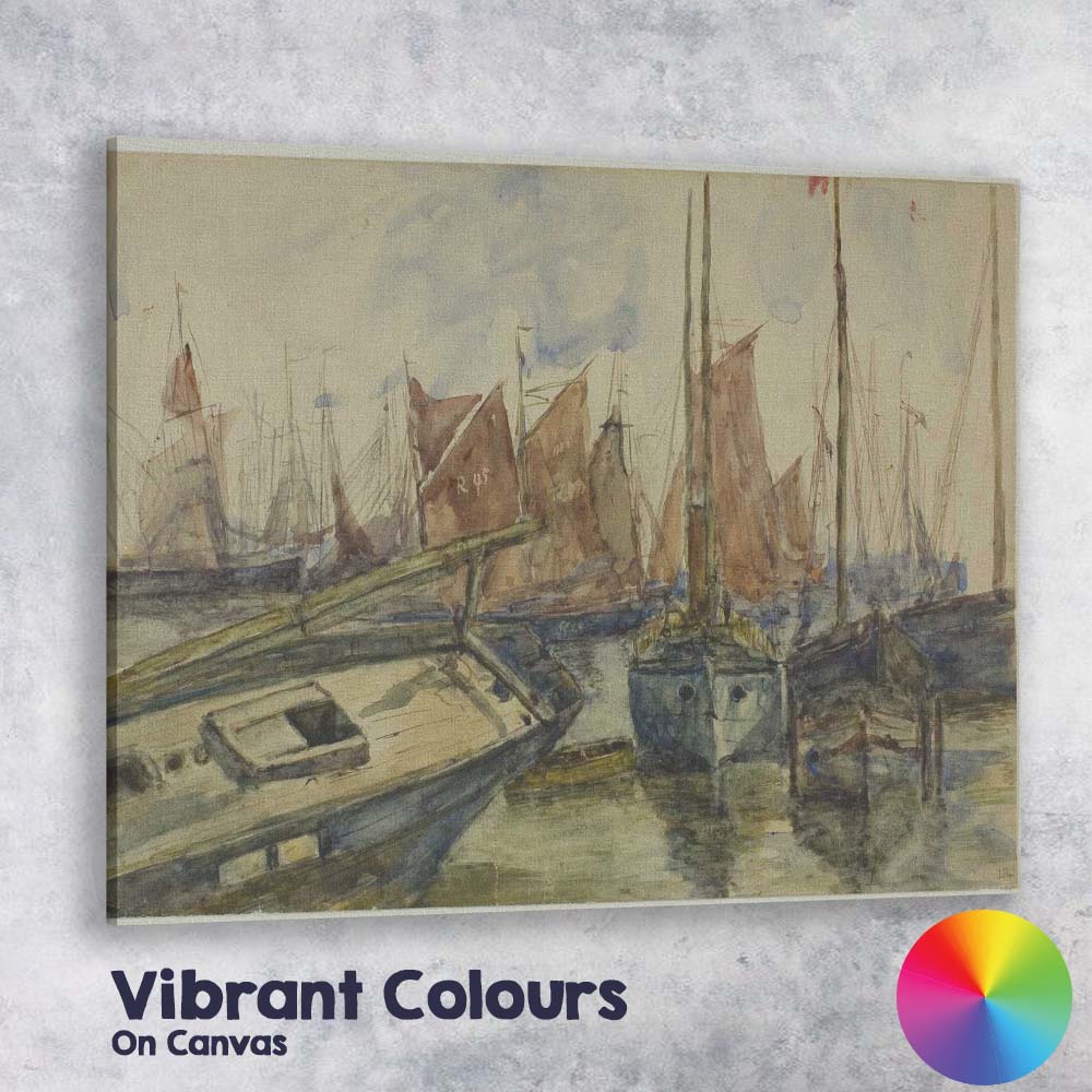Busy Marina Red Sailed Fishing Boats Watercolour Canvas Wall Art Print Decor Picture Ready to Hang