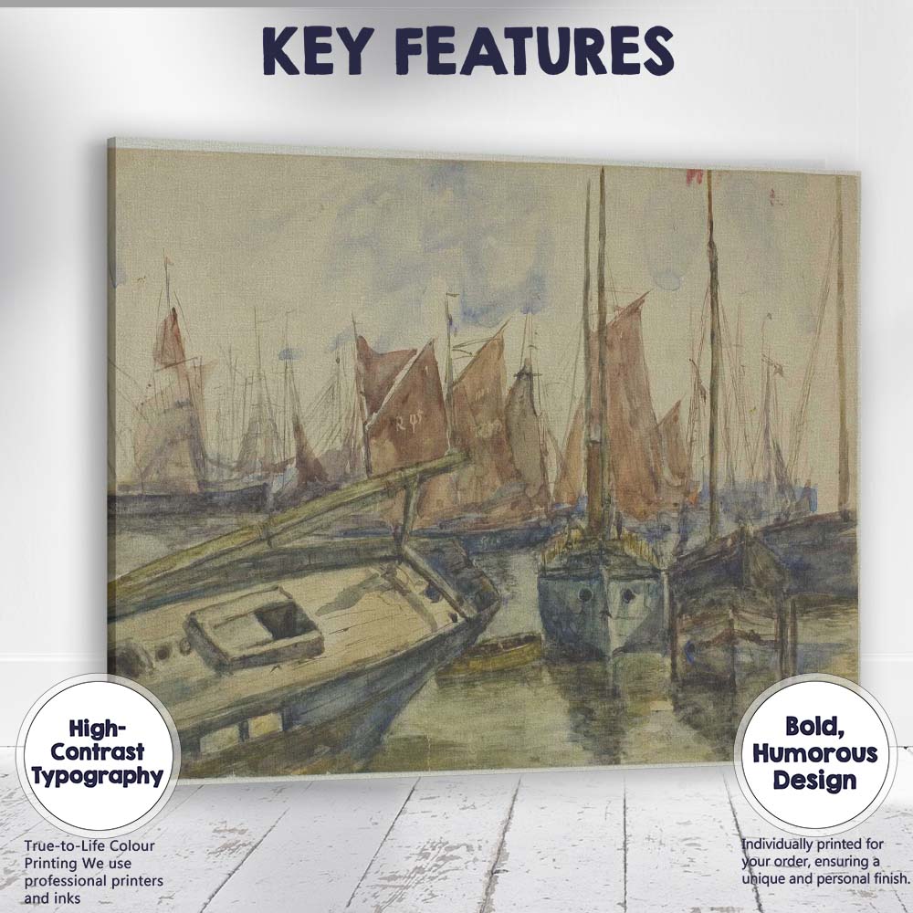 Busy Marina Red Sailed Fishing Boats Watercolour Canvas Wall Art Print Decor Picture Ready to Hang