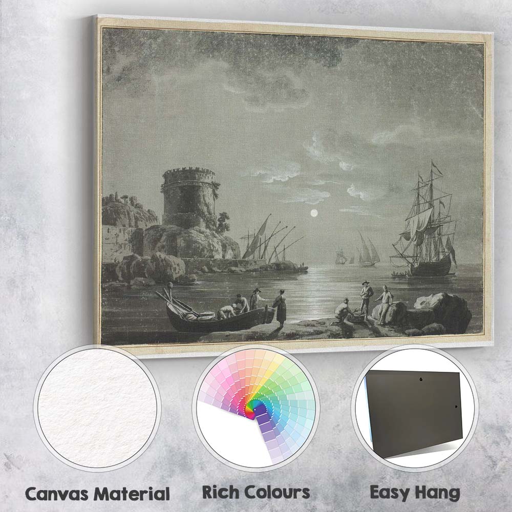 Moonlit Harbour Fortress Sailing Ships Coastal Landscape Canvas Wall Art Print Decor Picture Ready to Hang
