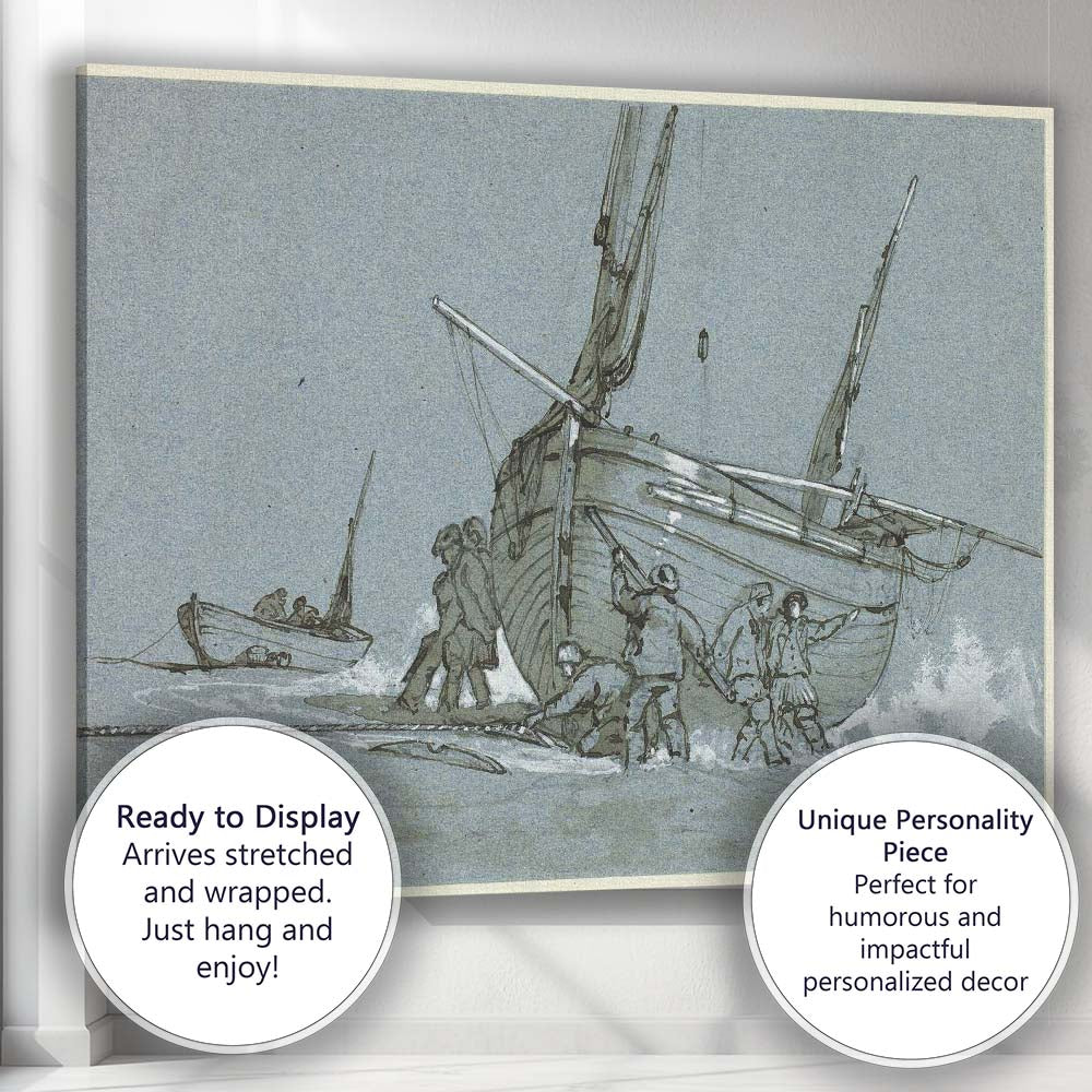 Historic Fishing Boat Beach Landing Sketch Maritime Scene Canvas Wall Art Print Decor Picture Ready to Hang