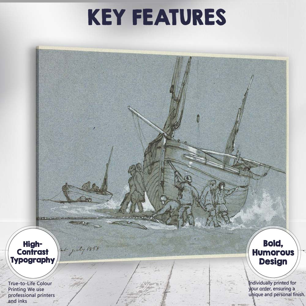 Historic Fishing Boat Beach Landing Sketch Maritime Scene Canvas Wall Art Print Decor Picture Ready to Hang