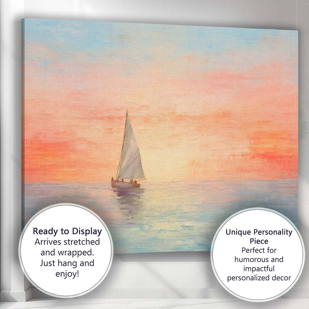 Pastel Sunset Lone Sailboat Calm Sea Seascape Painting Canvas Wall Art Print Decor Picture Ready to Hang