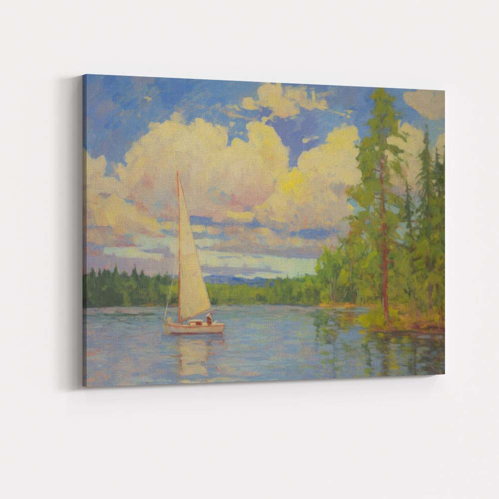 Impressionist Sailboat Lakeside Woodland Landscape Painting Canvas Wall Art Print Decor Picture Ready to Hang