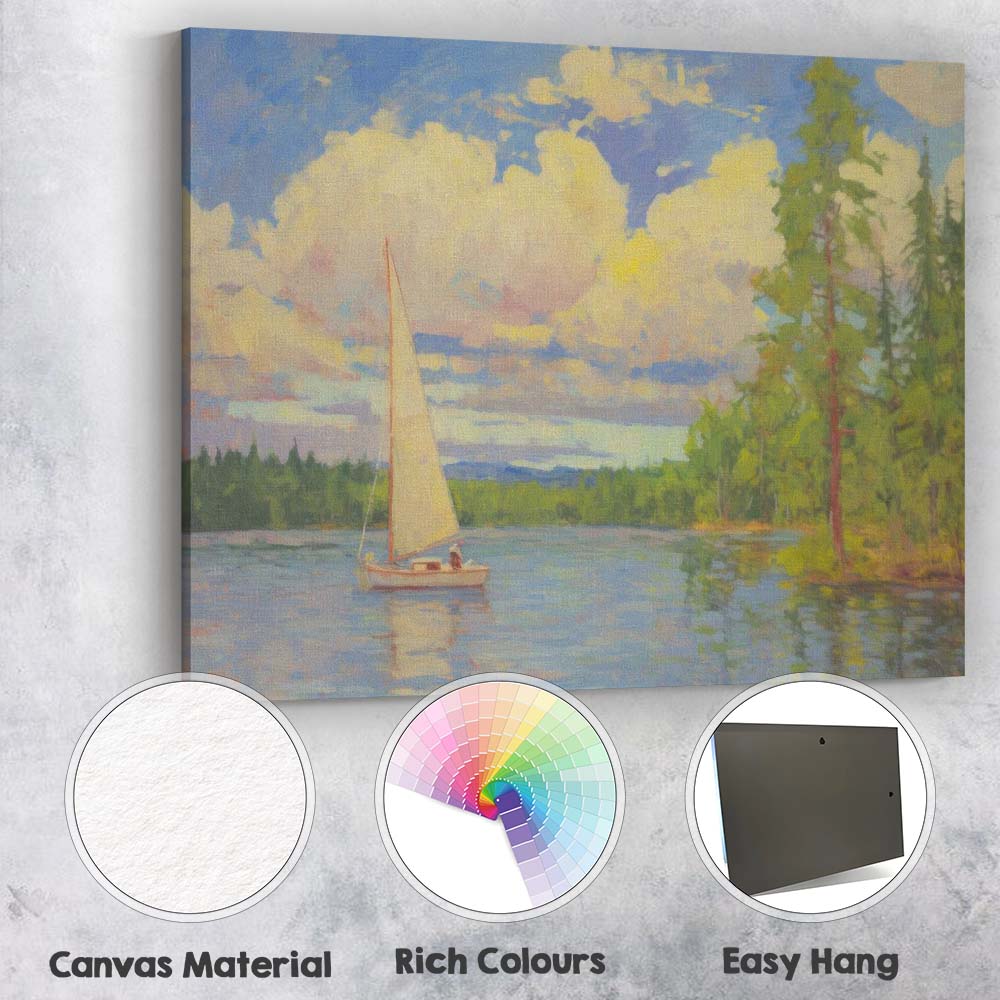 Impressionist Sailboat Lakeside Woodland Landscape Painting Canvas Wall Art Print Decor Picture Ready to Hang
