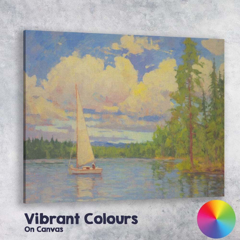 Impressionist Sailboat Lakeside Woodland Landscape Painting Canvas Wall Art Print Decor Picture Ready to Hang