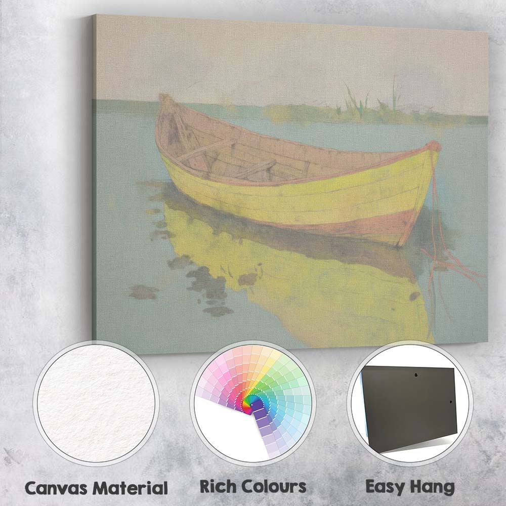 Yellow Wooden Rowboat Waterside Reflection Contemporary Artwork Canvas Wall Art Print Decor Picture Ready to Hang