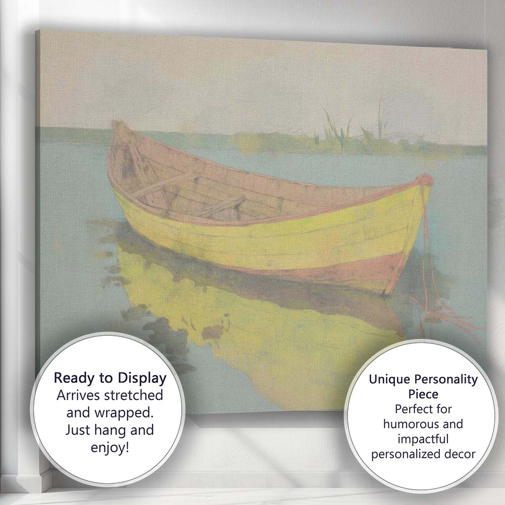 Yellow Wooden Rowboat Waterside Reflection Contemporary Artwork Canvas Wall Art Print Decor Picture Ready to Hang