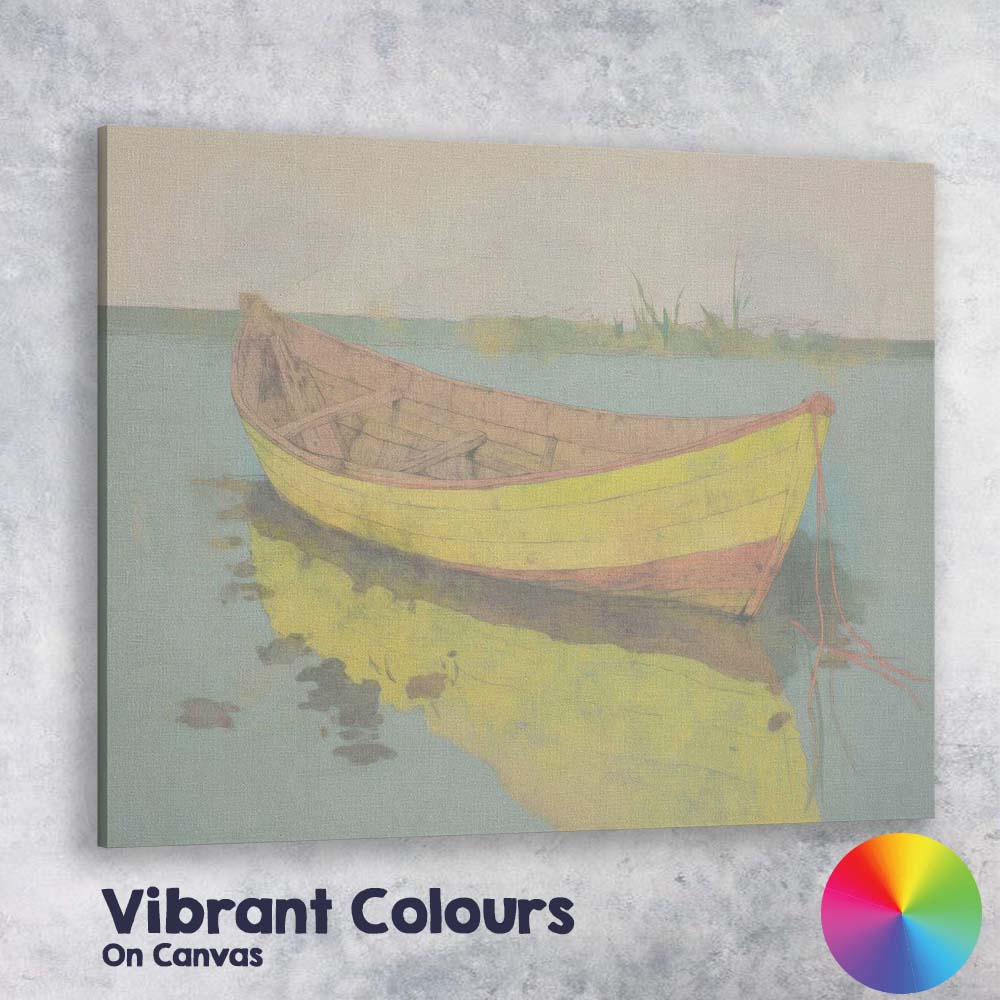 Yellow Wooden Rowboat Waterside Reflection Contemporary Artwork Canvas Wall Art Print Decor Picture Ready to Hang