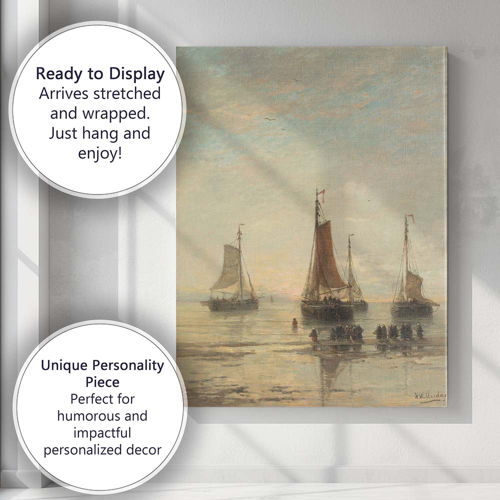 Dutch Fishing Boats Shore Gathering Coastal Sunset Painting Canvas Wall Art Print Decor Picture Ready to Hang