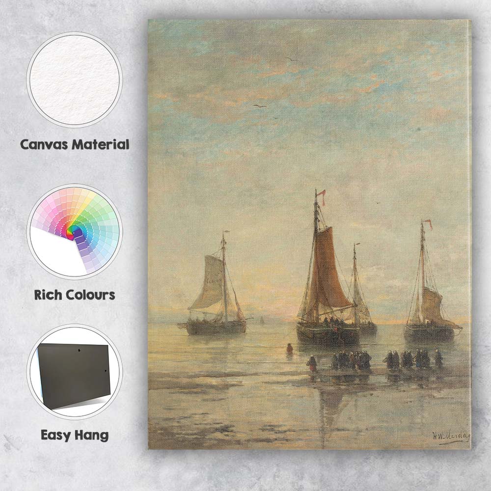 Dutch Fishing Boats Shore Gathering Coastal Sunset Painting Canvas Wall Art Print Decor Picture Ready to Hang
