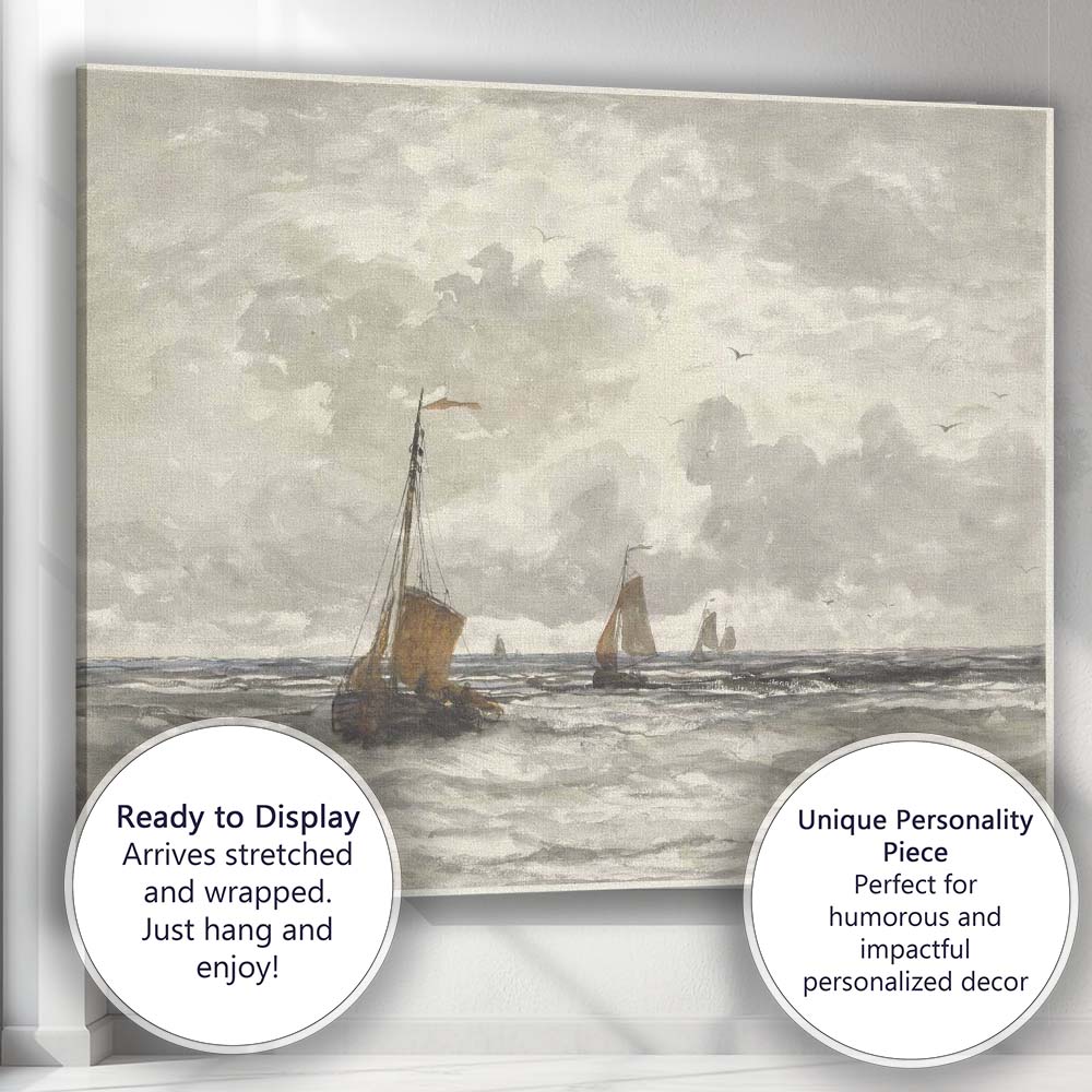Grey Sea Sailing Boats Coastal Watercolour Seascape Canvas Wall Art Print Decor Picture Ready to Hang
