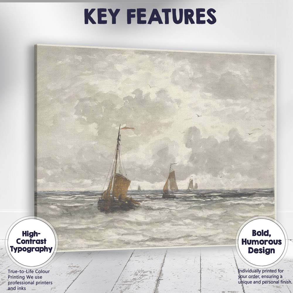 Grey Sea Sailing Boats Coastal Watercolour Seascape Canvas Wall Art Print Decor Picture Ready to Hang