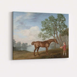 Chestnut Horse with Young Handler in Countryside Landscape Painting Canvas Wall Art Print Decor Picture Ready to Hang