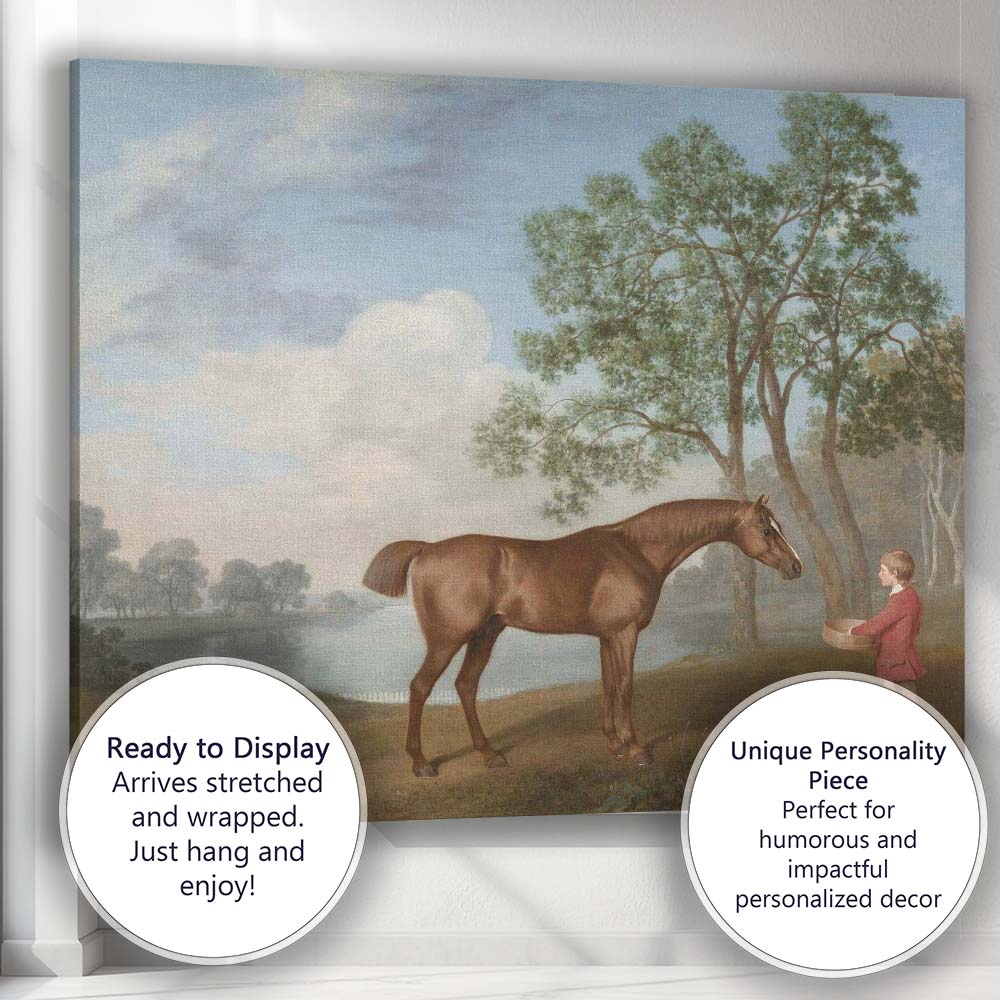 Chestnut Horse with Young Handler in Countryside Landscape Painting Canvas Wall Art Print Decor Picture Ready to Hang