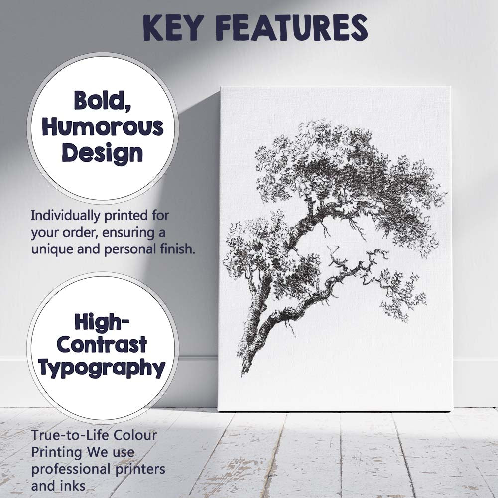 Dark Silhouette Windswept Bonsai Tree Oriental Nature Illustration Canvas Wall Art Print Decor Picture Ready to Hang
