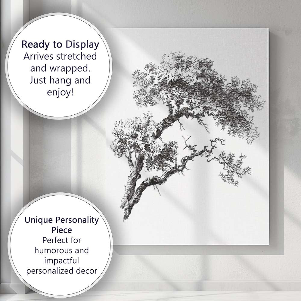 Dark Silhouette Windswept Bonsai Tree Oriental Nature Illustration Canvas Wall Art Print Decor Picture Ready to Hang