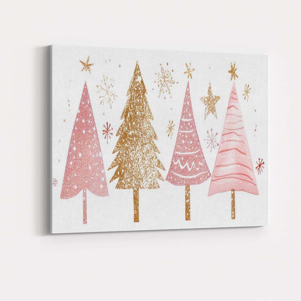 Pink and Gold Christmas Trees Festive Watercolour Illustration Canvas Wall Art Print Decor Picture Ready to Hang