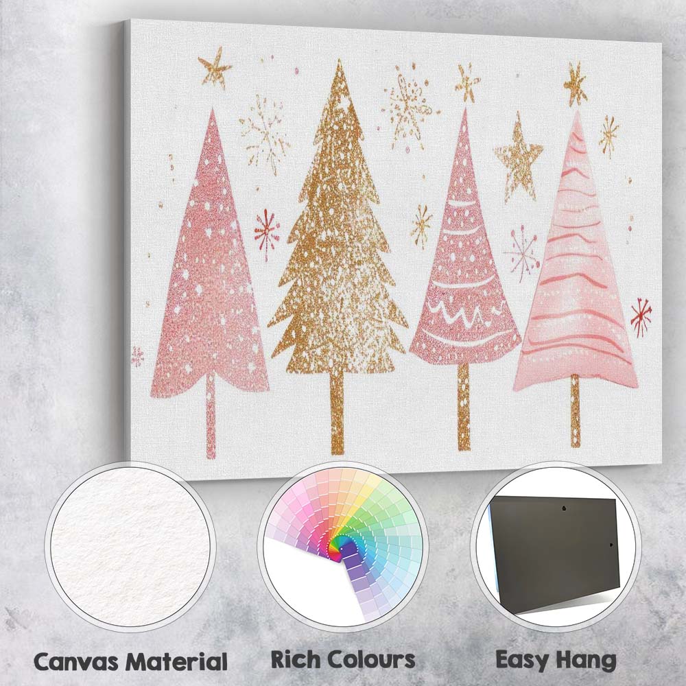 Pink and Gold Christmas Trees Festive Watercolour Illustration Canvas Wall Art Print Decor Picture Ready to Hang