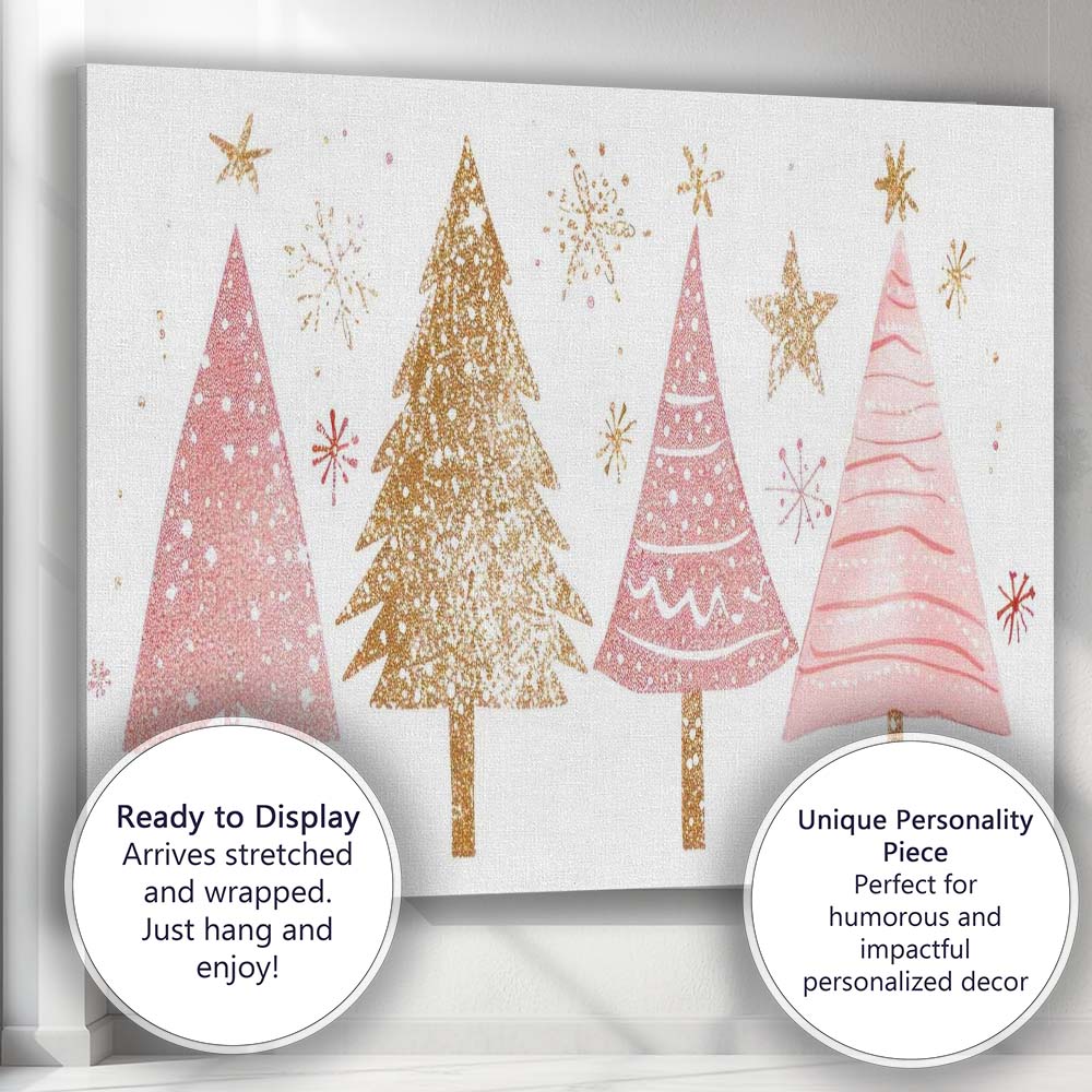 Pink and Gold Christmas Trees Festive Watercolour Illustration Canvas Wall Art Print Decor Picture Ready to Hang