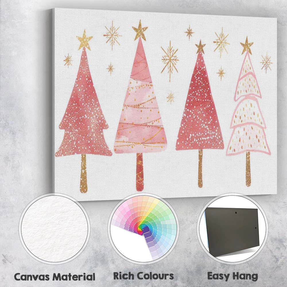 Pink and Gold Christmas Tree Collection Festive Watercolour Illustration Canvas Wall Art Print Decor Picture Ready to Hang