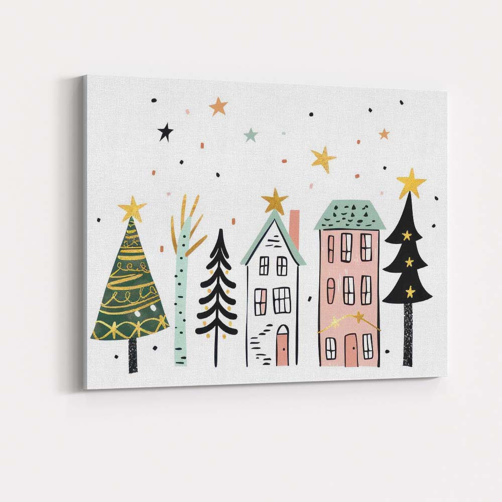 Scandinavian Winter Village with Christmas Trees Festive Illustration Canvas Wall Art Print Decor Picture Ready to Hang