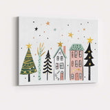 Scandinavian Winter Village with Christmas Trees Festive Illustration Canvas Wall Art Print Decor Picture Ready to Hang