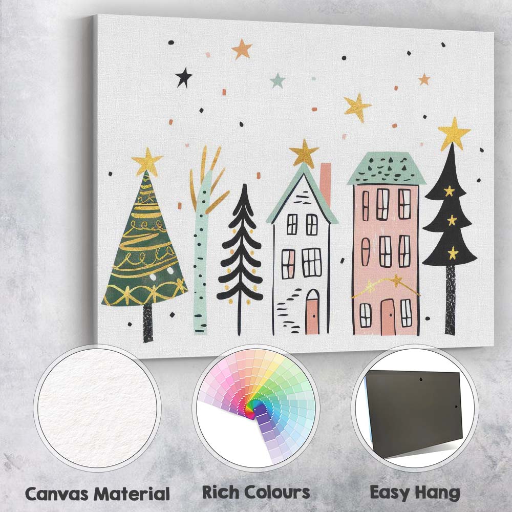 Scandinavian Winter Village with Christmas Trees Festive Illustration Canvas Wall Art Print Decor Picture Ready to Hang