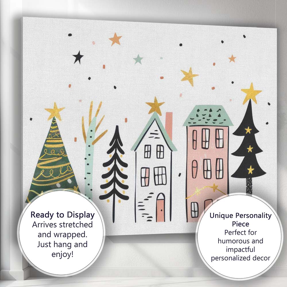 Scandinavian Winter Village with Christmas Trees Festive Illustration Canvas Wall Art Print Decor Picture Ready to Hang