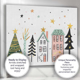 Scandinavian Winter Village with Christmas Trees Festive Illustration Canvas Wall Art Print Decor Picture Ready to Hang