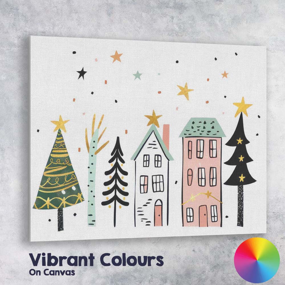Scandinavian Winter Village with Christmas Trees Festive Illustration Canvas Wall Art Print Decor Picture Ready to Hang
