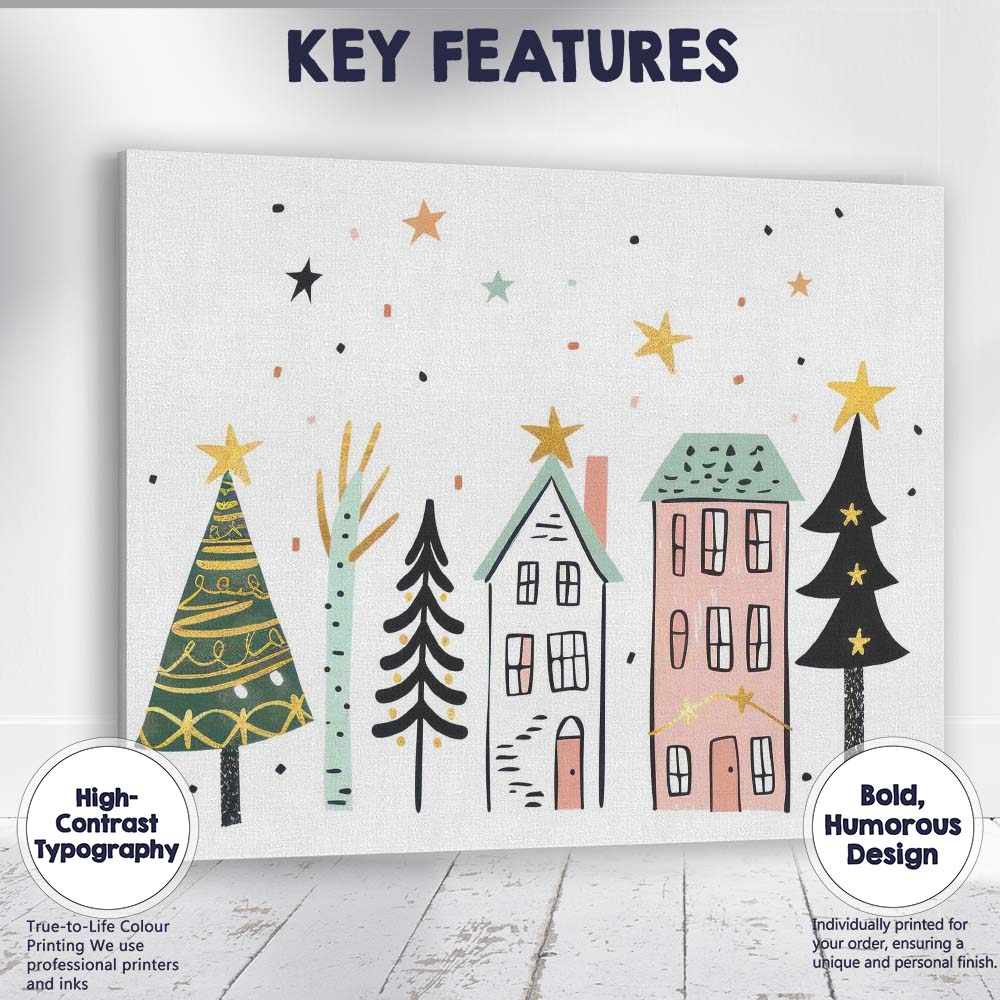 Scandinavian Winter Village with Christmas Trees Festive Illustration Canvas Wall Art Print Decor Picture Ready to Hang