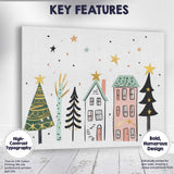 Scandinavian Winter Village with Christmas Trees Festive Illustration Canvas Wall Art Print Decor Picture Ready to Hang
