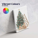 Watercolour Decorated Christmas Tree Gifts And Ladder Festive Illustration Canvas Wall Art Print Decor Picture Ready to Hang