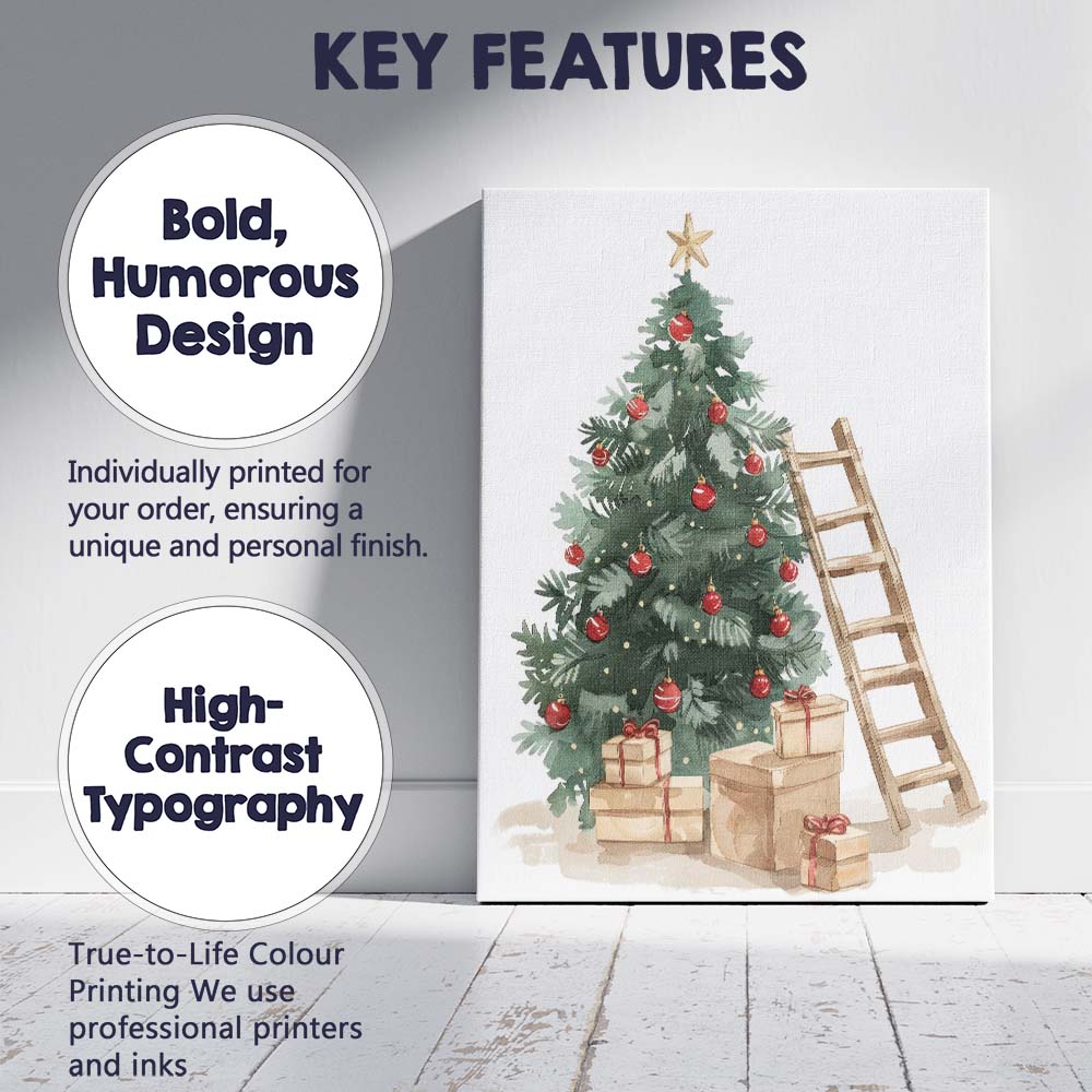 Watercolour Decorated Christmas Tree Gifts And Ladder Festive Illustration Canvas Wall Art Print Decor Picture Ready to Hang