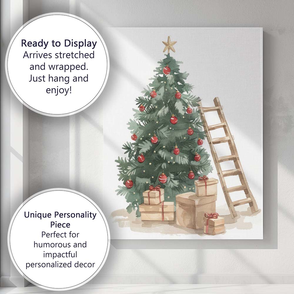 Watercolour Decorated Christmas Tree Gifts And Ladder Festive Illustration Canvas Wall Art Print Decor Picture Ready to Hang