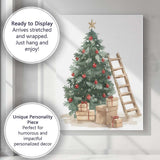 Watercolour Decorated Christmas Tree Gifts And Ladder Festive Illustration Canvas Wall Art Print Decor Picture Ready to Hang