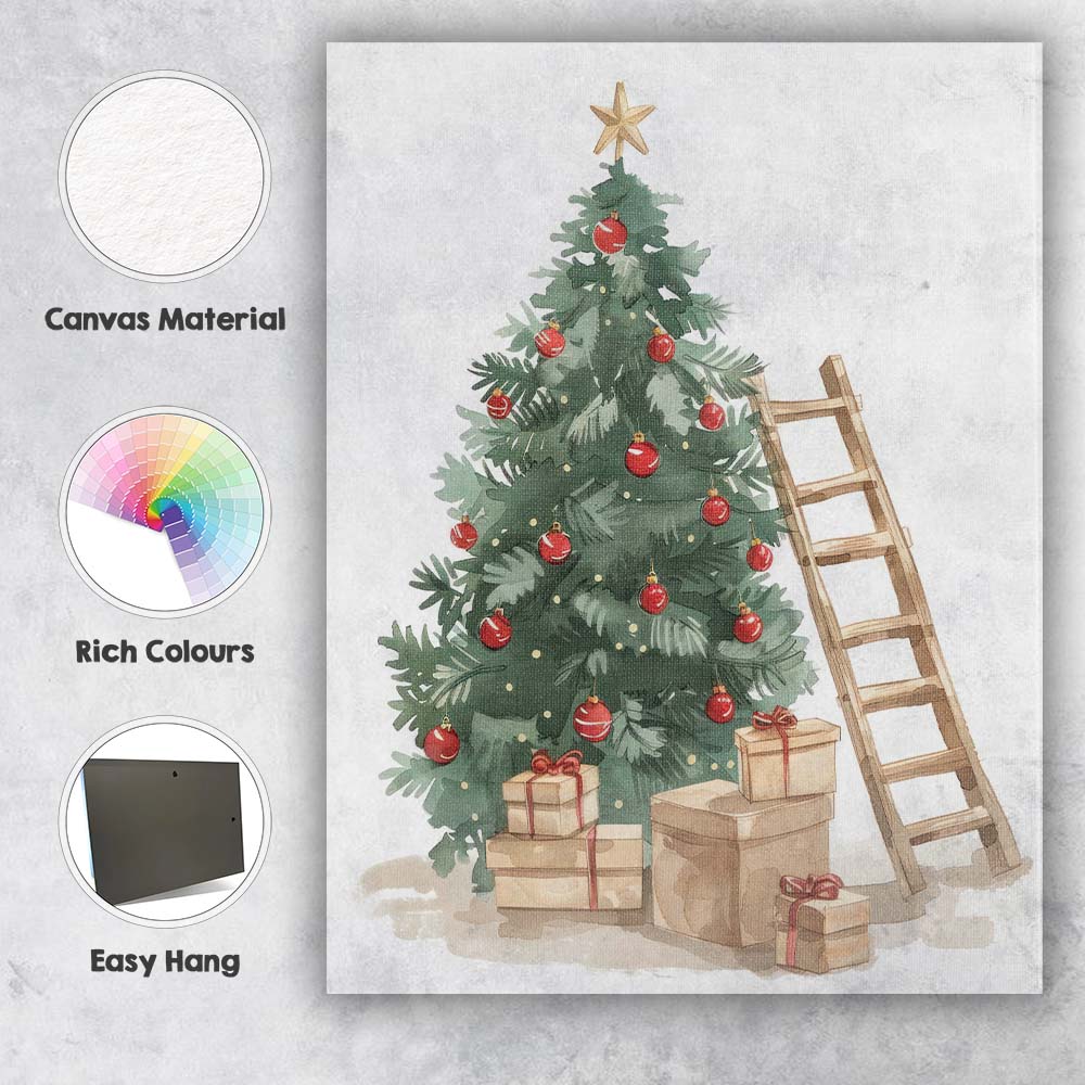Watercolour Decorated Christmas Tree Gifts And Ladder Festive Illustration Canvas Wall Art Print Decor Picture Ready to Hang