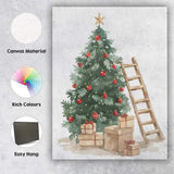Watercolour Decorated Christmas Tree Gifts And Ladder Festive Illustration Canvas Wall Art Print Decor Picture Ready to Hang