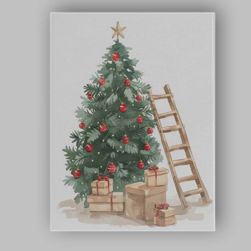 Watercolour Decorated Christmas Tree Gifts And Ladder Festive Illustration Canvas Wall Art Print Decor Picture Ready to Hang