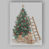 Watercolour Decorated Christmas Tree Gifts And Ladder Festive Illustration Canvas Wall Art Print Decor Picture Ready to Hang
