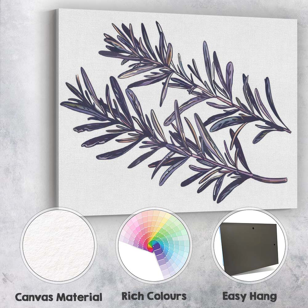 Dark Indigo Rosemary Herb Botanical Branch Illustration Canvas Wall Art Print Decor Picture Ready to Hang