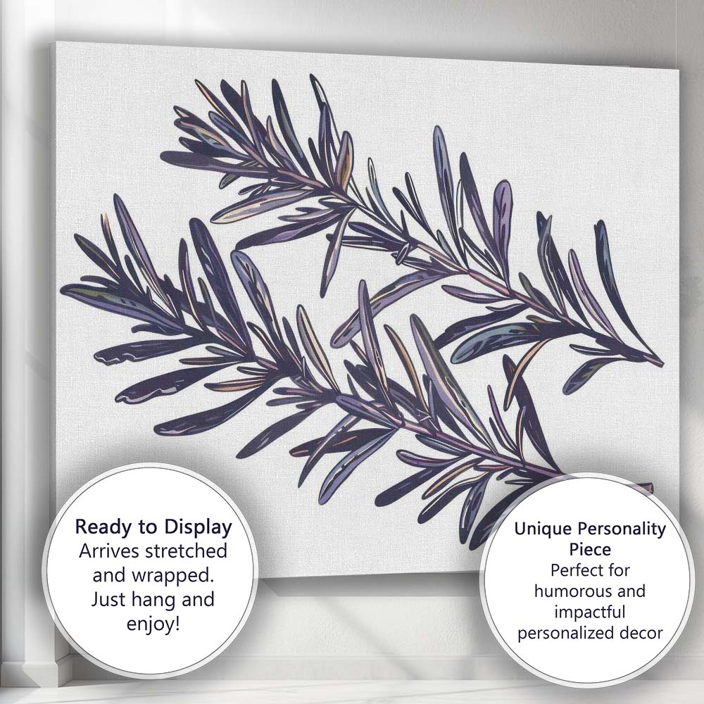 Dark Indigo Rosemary Herb Botanical Branch Illustration Canvas Wall Art Print Decor Picture Ready to Hang