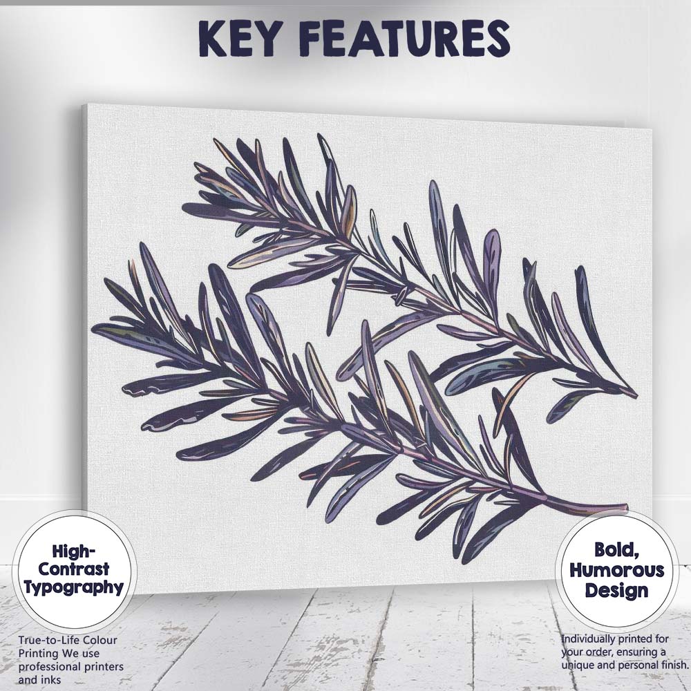 Dark Indigo Rosemary Herb Botanical Branch Illustration Canvas Wall Art Print Decor Picture Ready to Hang